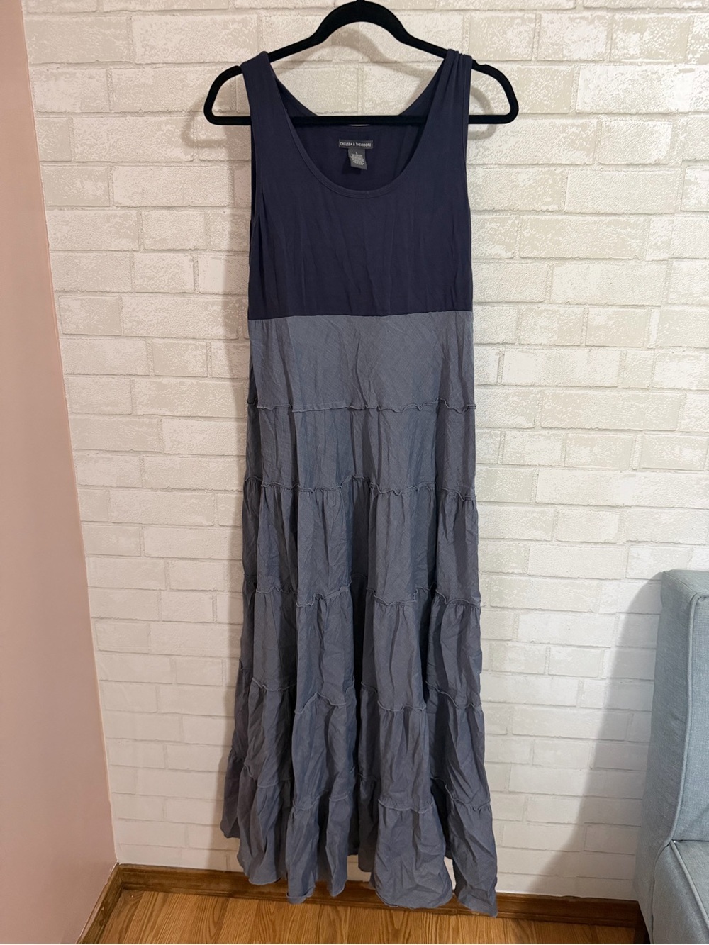 Chelsea & Theodore Two-Tone Navy and Gray Tiered Maxi Dress L #3109